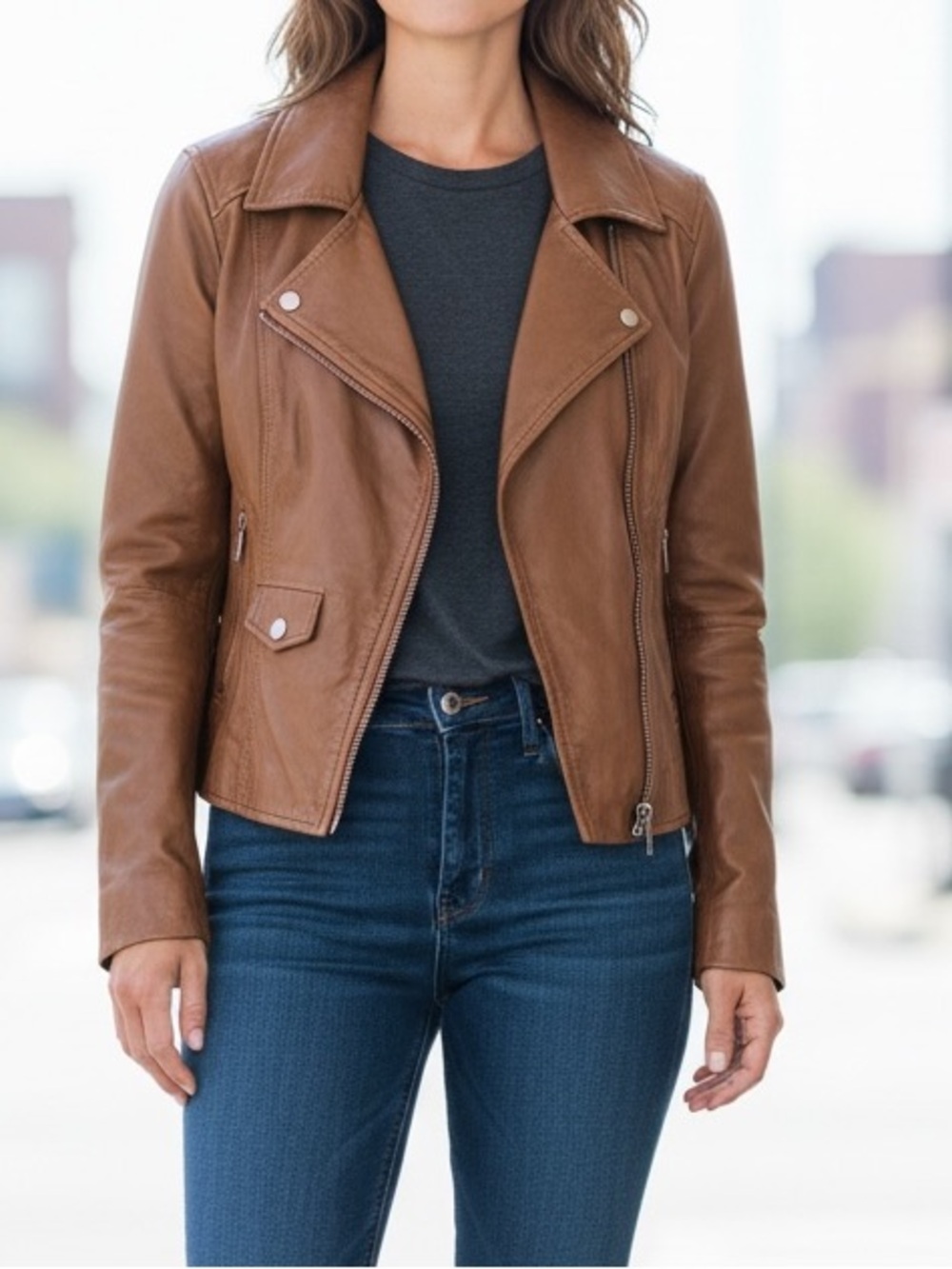 Danier Tan Brown Soft Classic genuine Leather Moto Biker Zip Up Jacket Sz S - Picture 4 of 17